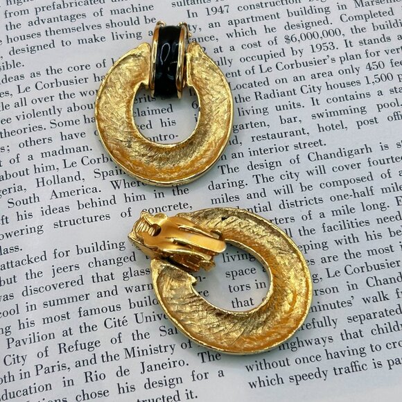 Vintage 1980s Style Statement Clip-On Earrings, Gold Tone with Black Enamel - Picture 6 of 10